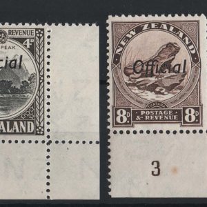 #923 New Zealand 1936 4d black & sepia Official perf 12½ um pl 2B corner pair + 8d chocolate pl 3