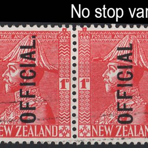 #917 New Zealand 1927 1d rose-carmine Official No Stop after OFFICIAL variety in pair with normal vfu
