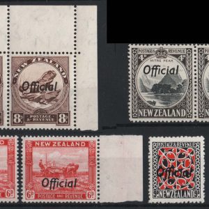 #926 New Zealand 1936 Officials fine um range: 1s p14x13½, 9d, 8d p14x14½ (pair) ++++