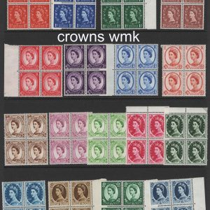#647 GB 1958 ½d - 1/6d crowns wmk set of 17 in um blks of 4 sg570-586, seldom seen in blocks