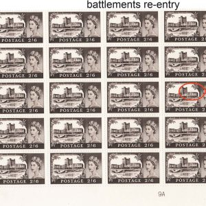 #668 GB 1963 Castles crown wmk 2/6d plate 9A um blk of 20 incl r8/4 battlements re-entry fum