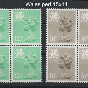#721 GB 1984 Regionals Wales 12½p, 16p perf 15x14 um blks of 4 sgW37a, W43a