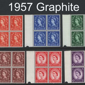 #642 GB 1957 Graphite set of 6 in fine um matching marginal blks of 4 sg561-566