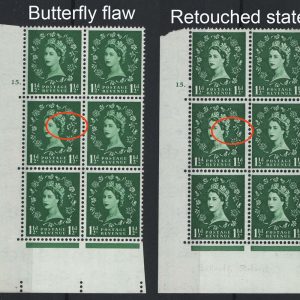 #632 GB 1955 Edward wmk 1½d cyl 15 dot cnr blk of 6 fum incl 19/1 butterfly var + crowns wmk blk