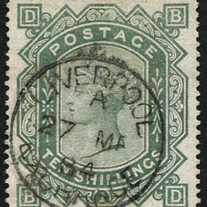 #365 GB 1867 10s GREEN sg135 wmk ANCHOR vfu WELL CENTRED upright Liverpool 1884 cds