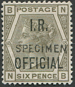 #798 GB  Officials 1882 IR 6d grey sgO4 OVPT ‘Specimen’ TYPE 15 fresh f mint light gum crease