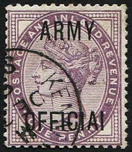 #799 GB  Officials 1882 Army 1d lilac sgO43a ERROR ‘OFFICIAI’ vfu crisp cds clear of variety