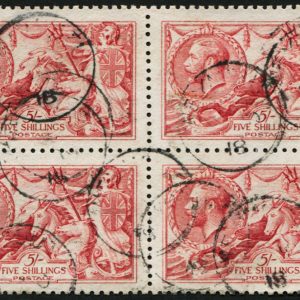 #548 GB 1915 5s sg409 Carmine BLOCK OF FOUR vfu Weymouth 1918 cds  Spec N67/2, RPS Cert