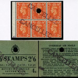 #615 GB 1951 ½d BOOKLET PANE OF 6 OVPT CANCELLED, LARGE TYPE & 1 punched all um 2/6d bklt