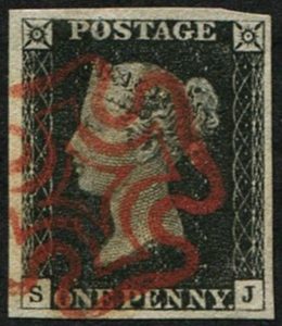 #153 GB 1840 1d black plate 1b SJ sg2wi wmk inverted BRILLIANT USED 4 large margins red MX
