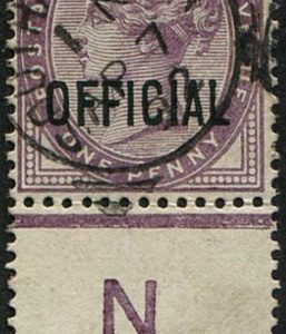 #796 GB  Officials 1882 IR 1d lilac sgO3 CONTROL N(P) vfu Southampton 1892 cds Scarce to get used