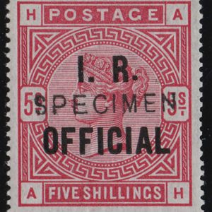 #801 GB  Officials 1883 IR 5s sgO9as white paper VARIETY RAISED STOP AFTER R, OVPT Specimen TYPE 11