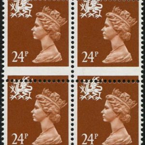 #757 GB 1991 Wales 24p sgW59 DRAMATIC misperf BLOCK OF FOUR um amazing