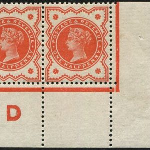 #418 GB 1887 ½d orange sg197 CONTROL D(P) CORNER PAIR um, MARGINAL SETTING 3