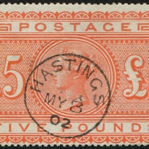 #368 GB 1867 £5 ORANGE sg137 BRILLIANT USED upright central complete Hastings 1902 cds