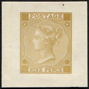 #346 GB 1865 9d sg98 DIE PROOF in STRAW, DONE FOR THE 1867 PARIS EXHIBITION matt proof card