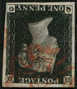 #154 GB 1840 1d black plate 8 QG sg2wi wmk inverted vfu four good-huge margins light red MX
