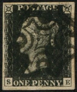 #147 GB 1840 1d black plate 1b SE sg1 VARIETY VERY INTENSE-BLACK vfu neat black MX